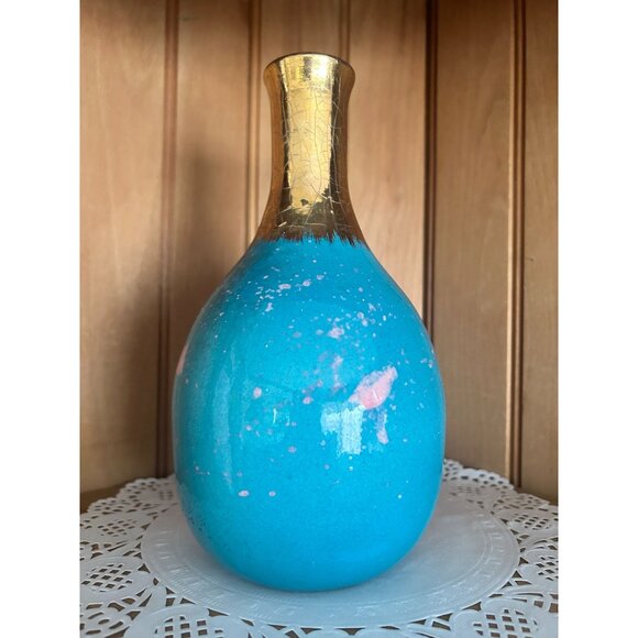 Vintage Unique Turquoise & Gold Crackle Ceramic Vase Pink Drip Accents Flower - Picture 4 of 8